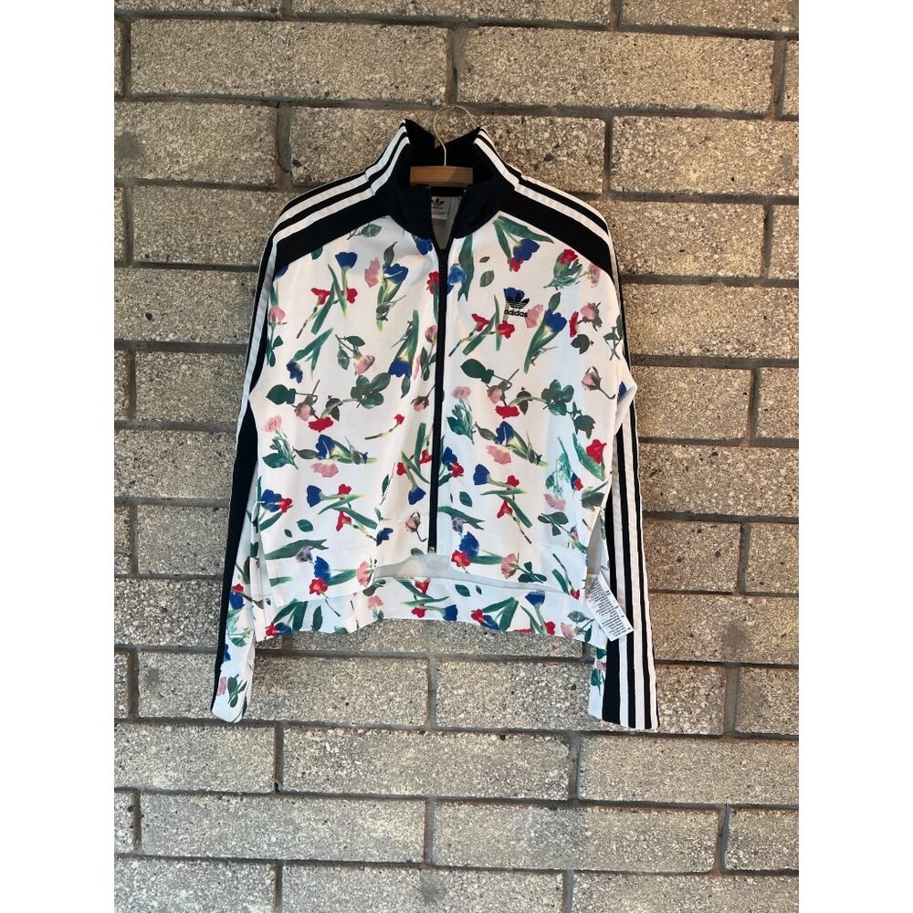 Adidas Womens Floral Print Track Jacket With Black Stripes & Full Zip Closure Si